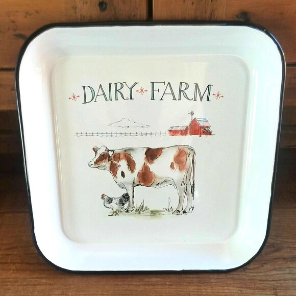 Wild Apple Other - Farmhouse Enamel Ware Serving Tray Cow Rooster Red Barn Dairy Farm NEW